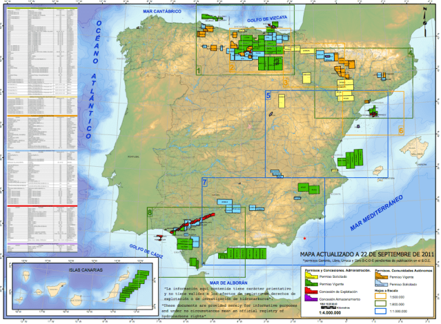 Mapa de las prospecciones de shal gas en España según los de 'Fractura hidraulica NO'