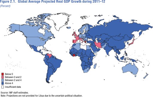 Tasas de crecimiento de las economías previstas en 2011-2012. Como verá algunos van como motos