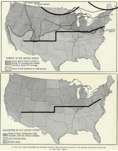 El mapa de Markham que distinguia donde estaba la civilizacion en 1944 en función del clima. Ahora le habrían demandado.
