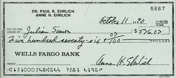 El cheque de los 576 dolares de Ehrlich a Simon. Fair Play, amigos, fair play..