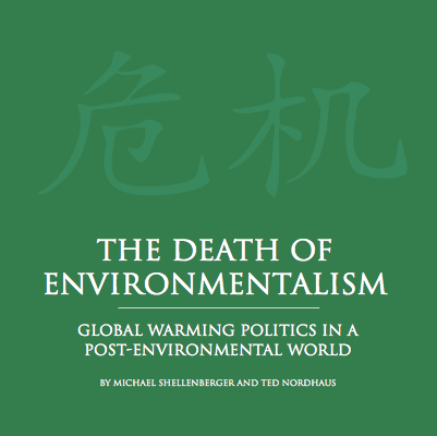 La portada del famoso %22the death of environmentalism%22 com el no menos famoso y falso proverbio chino de que el simbolo de crisis es oportunidad y amenaza. Pues no