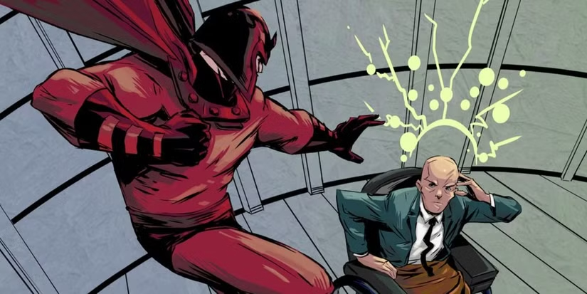 Ilustración de cómic: Magneto, con capa y casco rojos, se enfrenta al Profesor X en su silla de ruedas